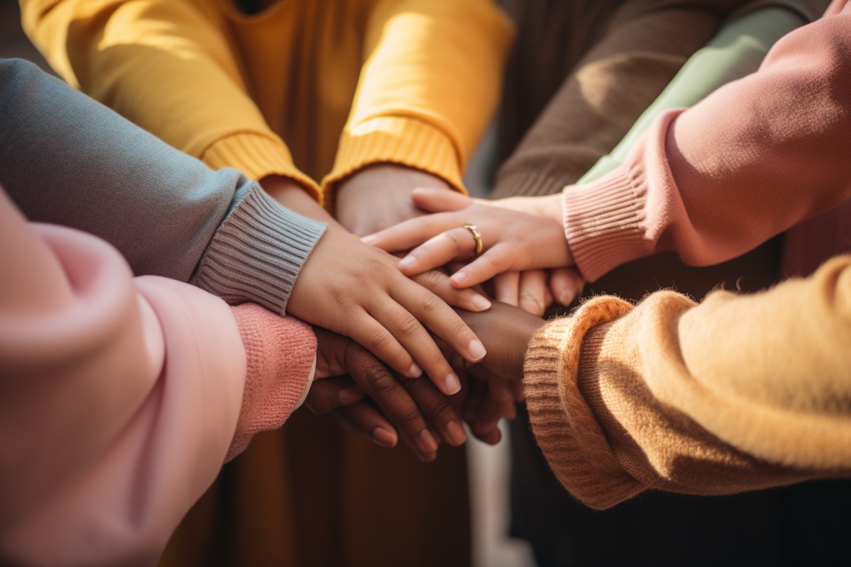 Groupe de personnes de différentes origines mettant leurs mains ensemble en signe d'entraide
